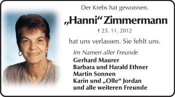 Traueranzeige von Hanni Zimmermann von Echo-Zeitungen (Gesamtausgabe)