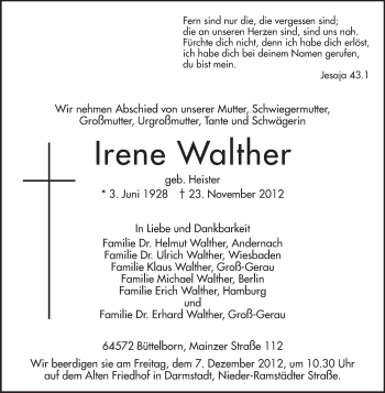 Traueranzeige von Irene Walther von Echo-Zeitungen (Gesamtausgabe)