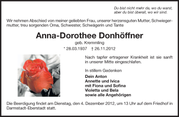 Traueranzeige von Anna-Dorothee Donhöffner von Echo-Zeitungen (Gesamtausgabe)