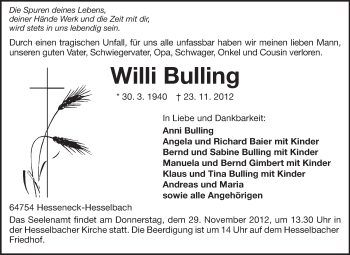 Traueranzeige von Willi Bulling von Odenwälder Echo
