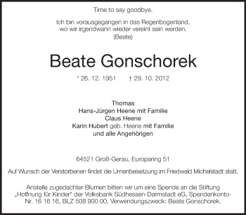 Traueranzeige von Beate Gonschorek von Rüsselsheimer Echo, Groß-Gerauer-Echo, Ried Echo