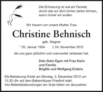 Traueranzeige von Christine Behnisch von Echo-Zeitungen (Gesamtausgabe)