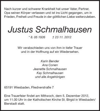 Traueranzeige von Justus Schmalhausen von Rüsselsheimer Echo, Groß-Gerauer-Echo, Ried Echo