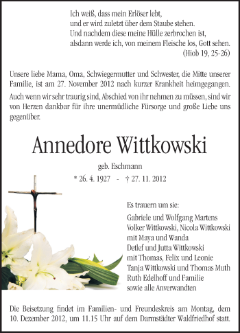 Traueranzeige von Annedore Wittkowski von Echo-Zeitungen (Gesamtausgabe)