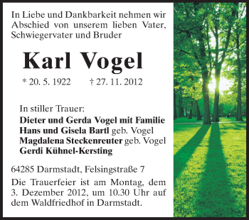 Traueranzeige von Karl Vogel von Echo-Zeitungen (Gesamtausgabe)