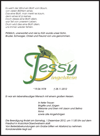 Traueranzeige von Jessy Dingeldein von Odenwälder Echo