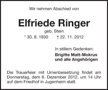 Traueranzeige von Elfriede Ringer von Echo-Zeitungen (Gesamtausgabe)