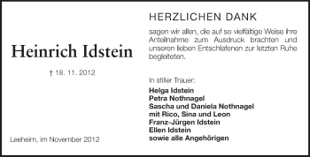 Traueranzeige von Heinrich Idstein von Rüsselsheimer Echo, Groß-Gerauer-Echo, Ried Echo