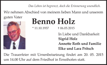 Traueranzeige von Benno Holz von Darmstädter Echo, Odenwälder Echo, Rüsselsheimer Echo, Groß-Gerauer-Echo, Ried Echo