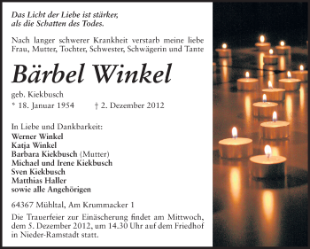 Traueranzeige von Bärbel Winkel von Echo-Zeitungen (Gesamtausgabe)