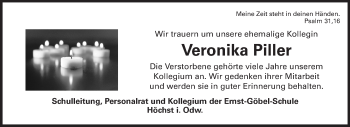 Traueranzeige von Veronika Piller von Odenwälder Echo