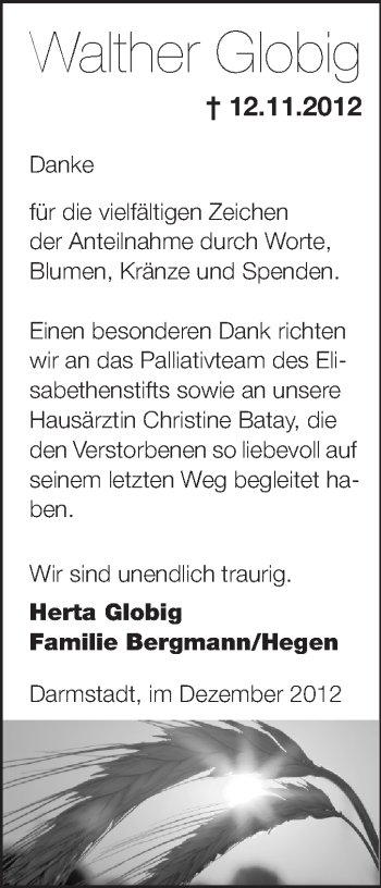 Traueranzeige von Walther Globig von Echo-Zeitungen (Gesamtausgabe)