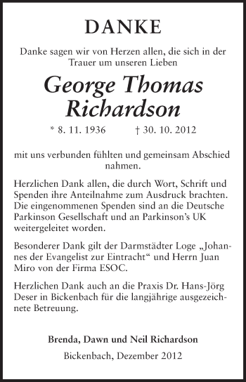 Traueranzeige von George Thomas Richardson von Echo-Zeitungen (Gesamtausgabe)