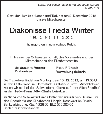 Traueranzeige von Frieda Winter von Echo-Zeitungen (Gesamtausgabe)