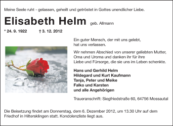 Traueranzeige von Elisabeth Helm von Odenwälder Echo
