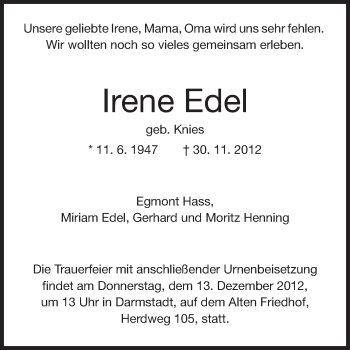 Traueranzeige von Irene Edel von Echo-Zeitungen (Gesamtausgabe)