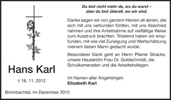 Traueranzeige von Hans Karl von Echo-Zeitungen (Gesamtausgabe)