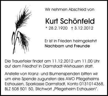 Traueranzeige von Kurt Schönfeld von Echo-Zeitungen (Gesamtausgabe)