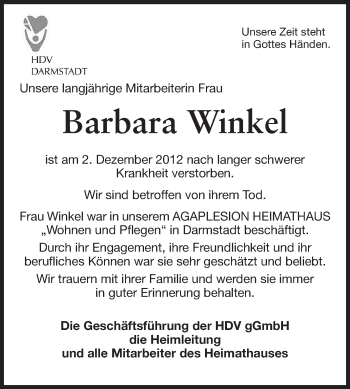Traueranzeige von Barbara Winkel von Echo-Zeitungen (Gesamtausgabe)