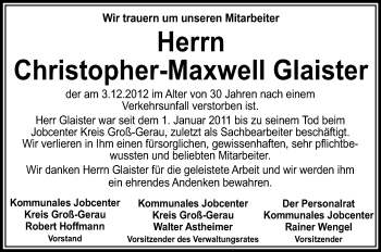 Traueranzeige von Christopher-Maxwell Glaister von Rüsselsheimer Echo, Groß-Gerauer-Echo, Ried Echo