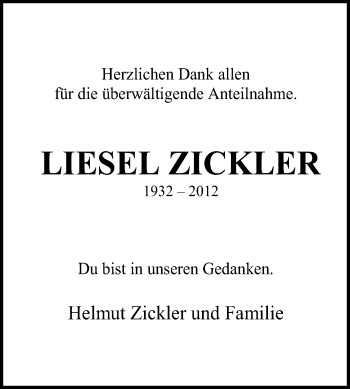 Traueranzeige von Liesel Zickler von Echo-Zeitungen (Gesamtausgabe)