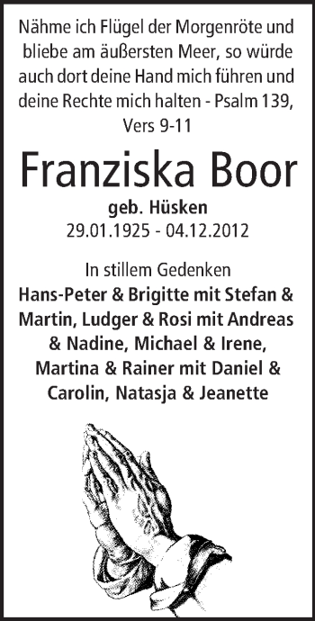 Traueranzeige von Franziska Boor von Rüsselsheimer Echo, Groß-Gerauer-Echo, Ried Echo