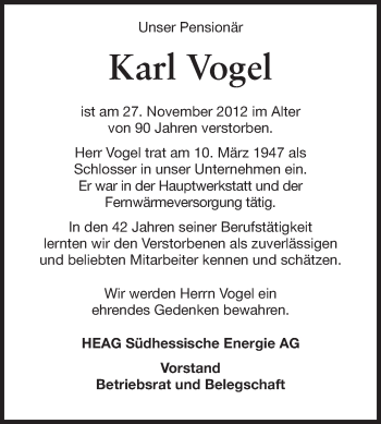 Traueranzeige von Karl Vogel von Echo-Zeitungen (Gesamtausgabe)