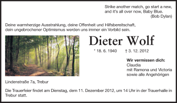 Traueranzeige von Dieter Wolf von Rüsselsheimer Echo, Groß-Gerauer-Echo, Ried Echo