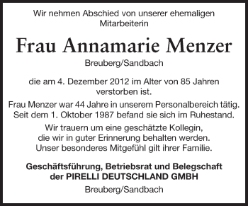 Traueranzeige von Annamarie Menzer von Odenwälder Echo