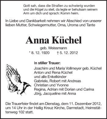 Traueranzeige von Anna Küchel von Echo-Zeitungen (Gesamtausgabe)