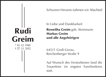 Traueranzeige von Rudi Greim von Rüsselsheimer Echo, Groß-Gerauer-Echo, Ried Echo