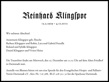 Traueranzeige von Reinhard Klingspor von Echo-Zeitungen (Gesamtausgabe)