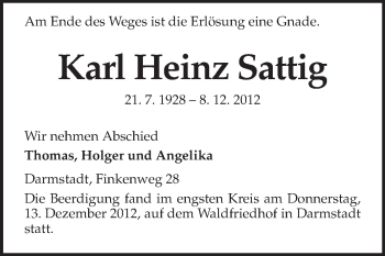 Traueranzeige von Karl-Heinz Sattig von Echo-Zeitungen (Gesamtausgabe)