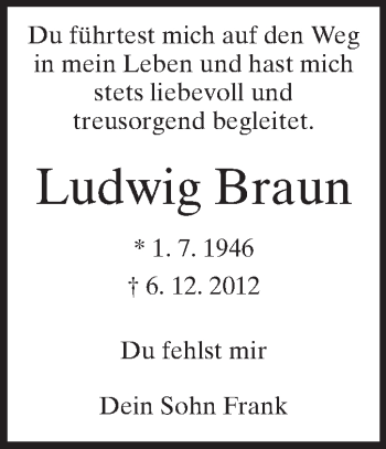 Traueranzeige von Ludwig Braun von Echo-Zeitungen (Gesamtausgabe)