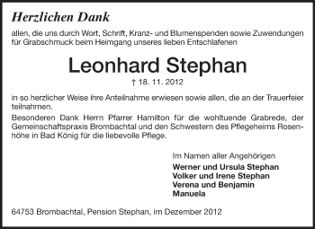 Traueranzeige von Leonhard Stephan von Odenwälder Echo
