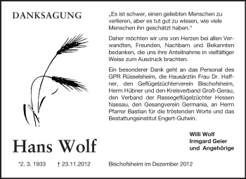 Traueranzeige von Hans Wolf von Rüsselsheimer Echo, Groß-Gerauer-Echo, Ried Echo