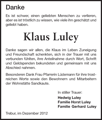Traueranzeige von Klaus Luley von Rüsselsheimer Echo, Groß-Gerauer-Echo, Ried Echo