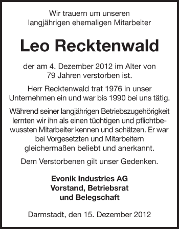 Traueranzeige von Leo Recktenwald von Echo-Zeitungen (Gesamtausgabe)