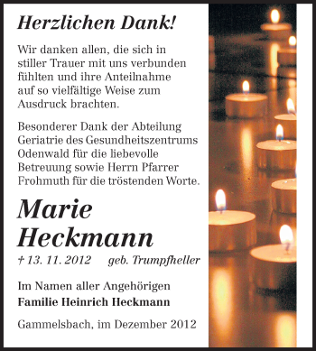 Traueranzeige von Marie Heckmann von Odenwälder Echo
