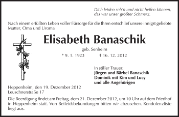 Traueranzeige von Elisabeth Banaschik von Starkenburger Echo