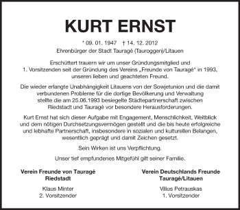 Traueranzeige von Kurt Ernst von Echo-Zeitungen (Gesamtausgabe)