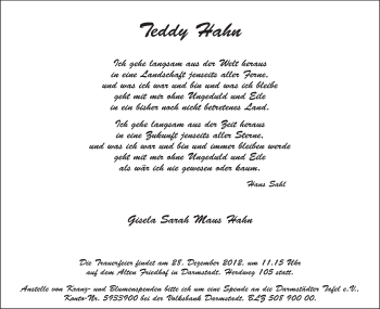 Traueranzeige von Teddy Hahn von Echo-Zeitungen (Gesamtausgabe)