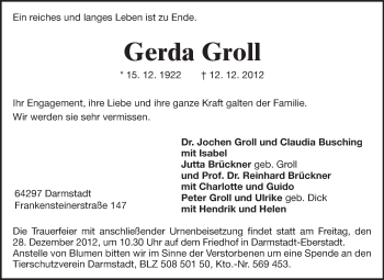 Traueranzeige von Gerda Groll von Echo-Zeitungen (Gesamtausgabe)