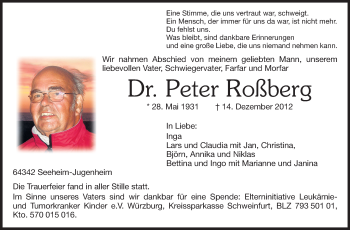 Traueranzeige von Peter Roßberg von Echo-Zeitungen (Gesamtausgabe)