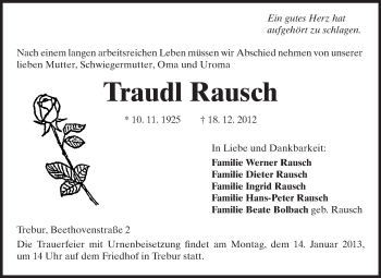 Traueranzeige von Traudl Rausch von Rüsselsheimer Echo, Groß-Gerauer-Echo, Ried Echo