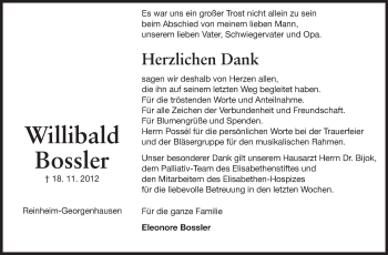 Traueranzeige von Willibald Bossler von Echo-Zeitungen (Gesamtausgabe)