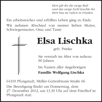 Traueranzeige von Elsa Lischka von Echo-Zeitungen (Gesamtausgabe)