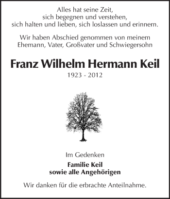 Traueranzeige von Franz Wilhelm Hermann Keil von Rüsselsheimer Echo, Groß-Gerauer-Echo, Ried Echo