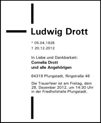Traueranzeige von Ludwig Drott von Echo-Zeitungen (Gesamtausgabe)