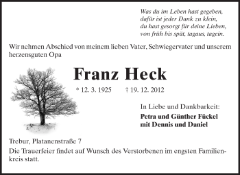Traueranzeige von Franz Heck von Rüsselsheimer Echo, Groß-Gerauer-Echo, Ried Echo